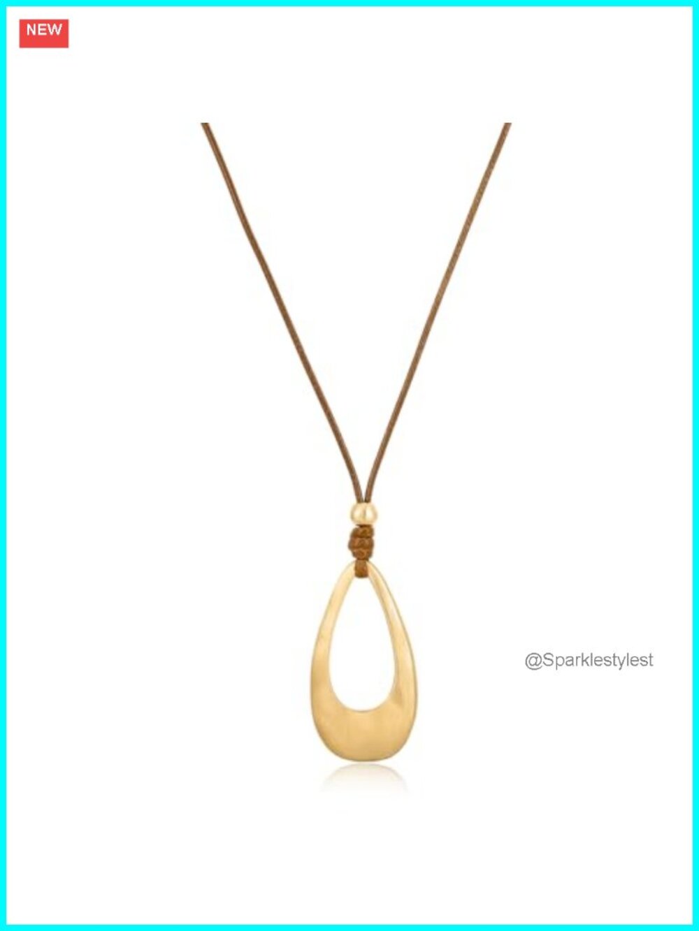 Brushed Gold Plated Teardrop Pendant Long Necklace Women Adjustable Brown Wax